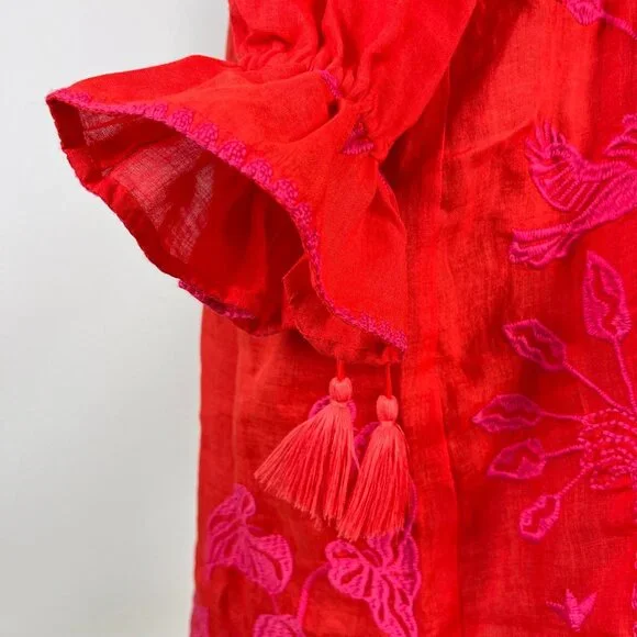 NWOT Johnny Was Ramie Embroidery Ruffles Red Luciana Tie Front Sleeve Dress XL
